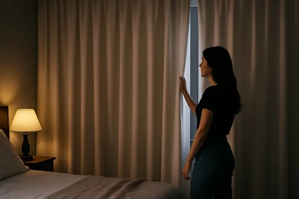 Dormitorio con cortinas oscuras